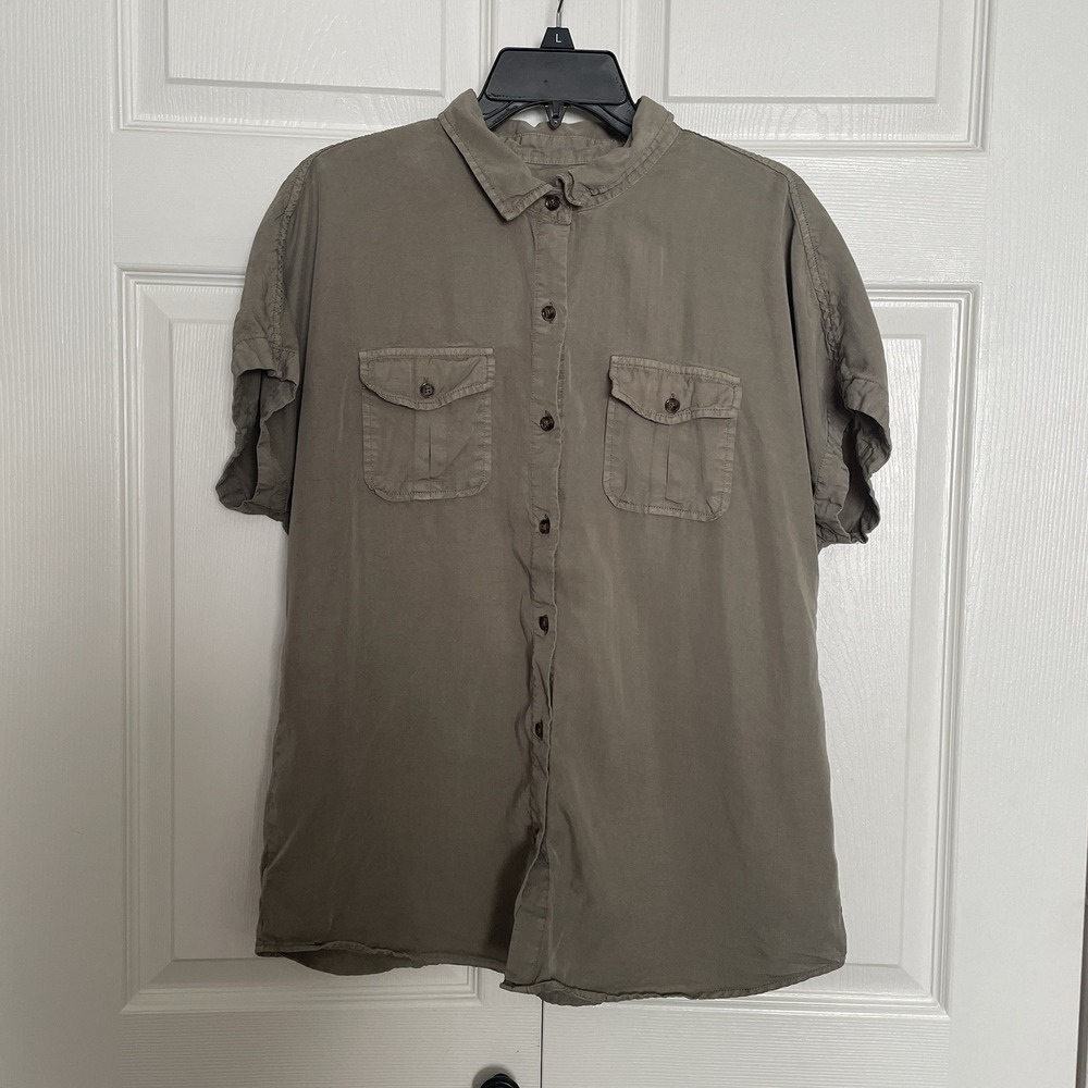 Marine Layer Dana Shirt Women L Olive Green Short Sleeve Button Up Top Pockets